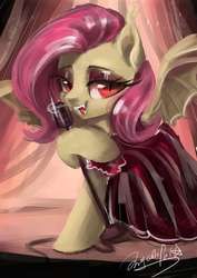 Size: 2480x3507 | Tagged: safe, artist:oofycolorful, fluttershy, bat pony, pony, g4, bat ears, bat ponified, bat wings, clothes, dress, fangs, female, flutterbat, high res, lidded eyes, looking at you, mare, microphone, microphone stand, open mouth, race swap, slit pupils, smiling, solo, spread wings, stage, wings