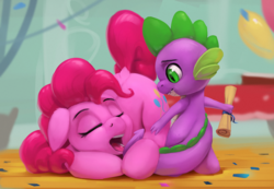 Size: 1100x761 | Tagged: safe, artist:rodrigues404, pinkie pie, spike, dragon, earth pony, pony, g4, balloon, confetti, dock, duo, eyes closed, female, floppy ears, looking down, lying down, male, mare, open mouth, scroll, sleeping