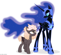 Size: 6622x5940 | Tagged: safe, artist:suramii, nightmare moon, oc, oc:night vision, alicorn, pegasus, pony, g4, absurd resolution, female, helmet, looking at each other, mare, simple background, transparent background, vector