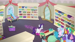 Size: 1920x1080 | Tagged: safe, screencap, berry blend, berry bliss, gallus, huckleberry, november rain, ocellus, peppermint goldylinks, rainbow dash, rarity, sandbar, silverstream, smolder, yona, pegasus, pony, unicorn, g4, the end in friend, bench, boots, bored, boxes, clothes, crowd, female, friendship student, frustrated, glitter, glitter boots, high heels, mare, mirror, neckerchief, shelves, shoe store, shoes, shopping, sitting, store, student six, students