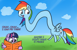 Size: 2093x1358 | Tagged: safe, artist:artiks, rainbow dash, twilight sparkle, alicorn, pony, g4, are you frustrated?, atg 2018, book, dialogue, duo, duo female, female, impossibly long neck, long neck, meme, necc, newbie artist training grounds, rainbow girrash, simple background, twilight sparkle (alicorn), what has science done
