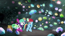 Size: 1920x1080 | Tagged: safe, screencap, rainbow dash, rarity, pony, g4, the end in friend, boots, cart, clothes, gem, glitter boots, helmet, mine, mining helmet, shoes