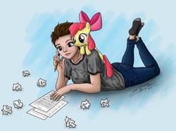 Size: 1080x802 | Tagged: safe, artist:epopp_art, apple bloom, earth pony, human, pony, g4, michelle creber, music notes, pencil