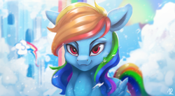 Size: 1565x855 | Tagged: safe, artist:moondreamer16, rainbow dash, pegasus, pony, g4, cloudsdale, female, looking at you, mare, solo, wrong eye color