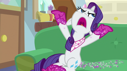 Size: 1280x720 | Tagged: safe, screencap, rarity, pony, unicorn, g4, the end in friend, boots, female, floppy ears, glitter, glitter boots, mare, open mouth, shoes, sitting, solo, starlight's office
