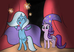 Size: 2220x1568 | Tagged: safe, artist:artiks, starlight glimmer, trixie, pony, unicorn, g4, bipedal, blushing, cape, clothes, curtains, duo, duo female, female, fireworks, hat, mare, stage, trixie's cape, trixie's hat