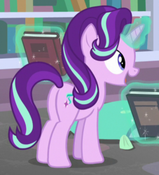 Size: 475x522 | Tagged: safe, screencap, starlight glimmer, pony, unicorn, g4, the end in friend, butt, cropped, female, glimmer glutes, glowing horn, horn, magic, mare, open mouth, plot, smiling, solo, telekinesis
