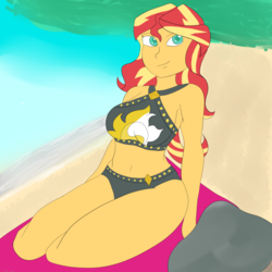 Size: 1280x1280 | Tagged: safe, artist:chibi-abel, sunset shimmer, equestria girls, equestria girls specials, g4, my little pony equestria girls: better together, my little pony equestria girls: forgotten friendship, beach, belly button, bikini, breasts, busty sunset shimmer, clothes, midriff, sideboob, swimsuit, towel