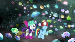 Size: 1920x1080 | Tagged: safe, screencap, rainbow dash, rarity, pegasus, pony, unicorn, g4, the end in friend, boots, cart, duo, female, gem, gem cave, glitter boots, grin, helmet, mare, mine, mining helmet, shoes, smiling