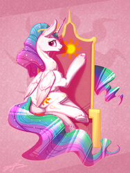 Size: 3000x4000 | Tagged: safe, artist:angusdra, princess celestia, alicorn, pony, g4, abstract background, featureless crotch, female, looking back, mare, solo, throne
