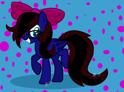 Size: 904x674 | Tagged: safe, artist:sugilitealpawolf, oc, oc only, oc:skitzy, pegasus, pony, abstract background, bow, female, glasses, hair bow, ribbon, solo