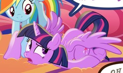 Size: 665x396 | Tagged: safe, artist:light262, artist:lummh, edit, rainbow dash, twilight sparkle, alicorn, pegasus, pony, comic:timey wimey, g4, annoyed, comic, concerned, cropped, duo, female, frog (hoof), looking back, lying down, mare, solo focus, twilight sparkle (alicorn), underhoof, wings