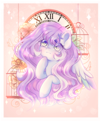 Size: 1000x1200 | Tagged: safe, artist:whiskyice, oc, pegasus, pony, abstract background, birdcage, blushing, bust, clock, colored wings, colored wingtips, cute, female, flower, hairclip, heterochromia, hoof under chin, looking up, mare, pretty, purple eyes, purple hair, sparkles, wings, yellow eyes