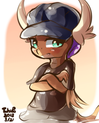 Size: 602x750 | Tagged: dead source, safe, artist:tohupo, smolder, dragon, g4, abstract background, blushing, clothes, costume, crossed arms, cute, dragoness, embarrassed, fangs, female, gangsta, gangster, hat, signature, smolderbetes, solo, thug life