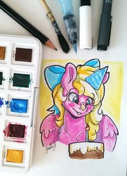 Size: 2052x2841 | Tagged: safe, artist:gaelledragons, oc, oc only, oc:bay breeze, pegasus, pony, birthday, cake, cute, food, happy birthday, hat, high res, party hat, traditional art, watercolor painting