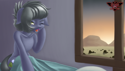 Size: 3840x2160 | Tagged: safe, artist:tsaritsaluna, limestone pie, earth pony, pony, g4, bed, blanket, female, high res, mare, messy mane, morning, morning ponies, mountain, rock, solo, sunrise, waking up, window, yawn