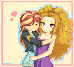 Size: 2400x2200 | Tagged: safe, artist:nekowyn, adagio dazzle, sunset shimmer, equestria girls, g4, bare shoulders, cute, duo, eyes closed, female, heart, high res, hug, human coloration, lesbian, lidded eyes, ship:sunsagio, shipping, sleeveless, strapless