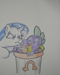 Size: 548x690 | Tagged: safe, artist:hillbe, rarity, spike, g4, female, food, ice cream, male, rarity is not amused, ship:sparity, shipping, straight, this will end in pain and/or death, traditional art, unamused