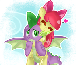 Size: 1350x1150 | Tagged: safe, artist:fanperő, apple bloom, spike, dragon, g4, :3, adorabloom, cute, female, male, ship:spikebloom, shipping, sky, straight, winged spike, wings