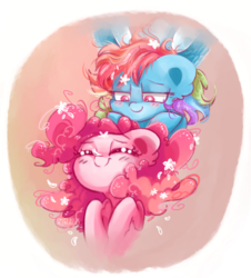 Size: 1043x1154 | Tagged: safe, artist:pinkablue, pinkie pie, rainbow dash, earth pony, pegasus, pony, g4, abstract background, blushing, cute, ear fluff, eyes closed, female, flower, flower in hair, lesbian, mare, ship:pinkiedash, shipping, signature