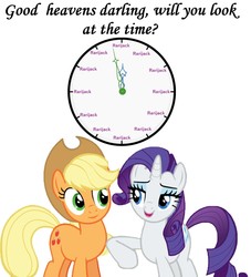 Size: 1390x1528 | Tagged: safe, edit, editor:leonidus, applejack, rarity, g4, annoyed, clock, cute, dialogue, female, funny, lesbian, meme, meme ship, nudge, ship:rarijack, shipping, text