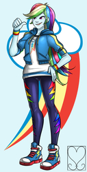 Size: 650x1277 | Tagged: safe, artist:srasomeone, rainbow dash, equestria girls, g4, my little pony equestria girls: better together, clothes, commission, converse, cutie mark background, hand on hip, hoodie, jacket, leggings, long hair, looking offscreen, shirt, shoes, simple background, smiling, sneakers, solo, t-shirt, thumbs up, wristband