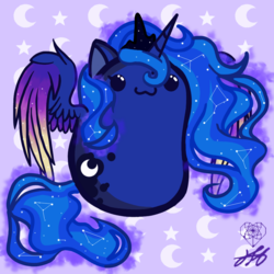 Size: 1600x1600 | Tagged: safe, artist:stainedglasslighthea, princess luna, alicorn, pony, g4, :3, abstract background, beady eyes, bean pony, chibi, colored wings, colored wingtips, constellation, crown, cute, female, jewelry, limbless, lunabetes, mare, potato pony, regalia, smiling, solo, spread wings, wat, wings
