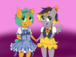 Size: 1280x960 | Tagged: safe, artist:ask-featherlite, snails, oc, oc:aero, pegasus, unicorn, anthro, g4, anthro oc, bow, canon x oc, clothes, crossdressing, cute, dress, gay, glitter shell, hair bow, happy, holding hands, lolita fashion, male, offspring, offspring shipping, parent:derpy hooves, parent:oc:warden, parents:canon x oc, parents:warderp, shellbetes, shipping