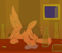 Size: 840x715 | Tagged: safe, artist:toastytop, oc, oc only, oc:paper study, pegasus, pony, alcohol, bar, beer, blushing, brown mane, drool, drunk, night, orange fur, passed out, solo