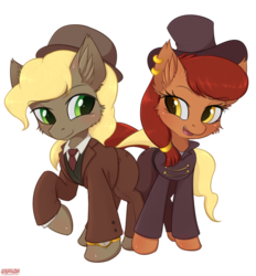 Size: 2146x2308 | Tagged: safe, artist:orang111, oc, oc only, oc:brass bolts, oc:perseus, earth pony, pony, unicorn, brasseus, clothes, daybreak island, ear piercing, earring, hat, high res, jewelry, pants, piercing, pocket watch, shipping, simple background, suit, transparent background