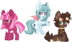 Size: 3500x2045 | Tagged: safe, artist:cinnamontee, oc, oc only, oc:umi, bat pony, earth pony, pony, unicorn, chibi, female, flower, flower in hair, high res, mare, simple background, tongue out, transparent background
