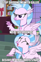 Size: 560x856 | Tagged: safe, edit, edited screencap, screencap, silverstream, hippogriff, g4, school daze, the hearth's warming club, anti-shipping, blatant lies, meme, shipping denied, stairs, stairs are awesome, that hippogriff sure does love stairs