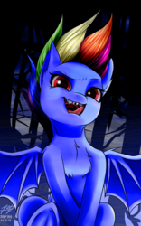 Size: 2500x4000 | Tagged: safe, artist:azerta56, edit, editor:dreamy orange, rainbow dash, pony, g4, secrets and pies, bat wings, chest fluff, evil pie hater dash, female, high res, looking at you, mare, open mouth, sharp teeth, solo, spread wings, teeth, tongue out, underhoof, wings