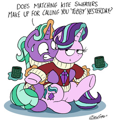 Size: 1529x1578 | Tagged: safe, artist:bobthedalek, firelight, starlight glimmer, pony, unicorn, g4, clothes, daughters gonna daughter, empathy cocoa, father and daughter, fathers gonna father, female, justice, kite, magic, male, mug, nervous, smug, smuglight glimmer, stallion, sweatdrop, sweater, telekinesis