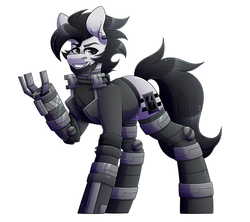 Size: 1870x1660 | Tagged: safe, artist:black-magic101, oc, oc only, oc:blackout, pony, amputee, cyberpunk, prosthetic arm, prosthetic limb, prosthetics, robotic legs, solo