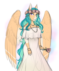 Size: 2508x3024 | Tagged: safe, artist:askbubblelee, oc, oc only, oc:willow breeze, pegasus, anthro, anthro oc, beautiful, bride, clothes, dress, female, floral head wreath, flower, freckles, high res, mare, simple background, smiling, solo, wedding dress, white background, wing freckles