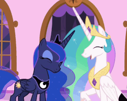 Size: 1020x812 | Tagged: safe, screencap, princess celestia, princess luna, alicorn, pony, a royal problem, g4, animated, cropped, cute, female, gif, hoof shoes, laughing, laughingmares.jpg, looking at each other, lunabetes, mare, raised hoof, royal sisters, sitting, swapped cutie marks