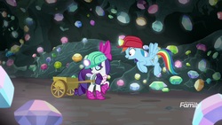 Size: 1920x1080 | Tagged: safe, screencap, rainbow dash, rarity, pegasus, pony, unicorn, g4, the end in friend, boots, bow, cart, cave, duo, eyes closed, female, flying, gem, gem cave, glitter boots, helmet, mare, mine, mining helmet, shoes