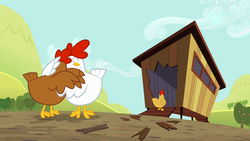 Size: 1280x720 | Tagged: safe, screencap, bird, chicken, brotherhooves social, g4, my little pony: friendship is magic, animal, chicken coop, comforting, crying, hug