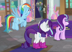 Size: 373x273 | Tagged: safe, screencap, rainbow dash, rarity, starlight glimmer, pegasus, pony, unicorn, g4, the end in friend, boots, butt, cropped, female, flying, glitter boots, mare, plot, shoes, trio