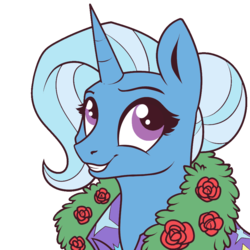 Size: 900x900 | Tagged: safe, artist:28gooddays, artist:icicle-niceicle-1517, color edit, edit, trixie, pony, unicorn, g4, alternate hairstyle, bust, cape, clothes, colored, cute, diatrixes, female, hair bun, mare, simple background, smiling, solo, transparent background, trixie's cape, wreath