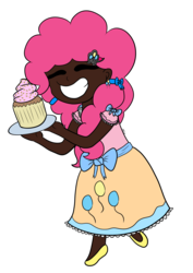 Size: 4092x5787 | Tagged: safe, artist:flutterlover918, artist:icicle-niceicle-1517, color edit, edit, pinkie pie, human, g4, absurd resolution, chibi, clothes, colored, cupcake, cute, dark skin, diapinkes, ear piercing, earring, eyes closed, female, flats, food, humanized, jewelry, piercing, plate, shoes, simple background, skirt, smiling, solo, transparent background