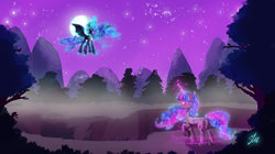 Size: 1600x899 | Tagged: safe, artist:lmkyouki, nightmare moon, twilight sparkle, alicorn, pony, g4, armor, battlefield, cropped, damaged, ethereal mane, everfree forest, fanfic art, female, flying, glowing eyes, glowing horn, horn, mare, moon, smiling, smirk, starry mane, stars, twilight sparkle (alicorn), ultimate twilight