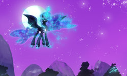 Size: 1024x619 | Tagged: safe, artist:lmkyouki, nightmare moon, alicorn, pony, g4, armor, cropped, ethereal mane, female, flying, glowing eyes, glowing horn, horn, mare, moon, smiling, smirk, starry mane, stars