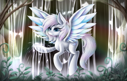 Size: 1024x652 | Tagged: safe, artist:hoodiefoxy, oc, oc only, oc:diamond wing, pegasus, pony, digital art, female, flying, mare, scenery, signature, solo, spread wings, water, waterfall, wings