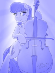 Size: 960x1280 | Tagged: safe, artist:novaintellus, octavia melody, earth pony, pony, g4, atg 2018, bipedal, cello, female, gradient background, mare, monochrome, musical instrument, newbie artist training grounds, sketch, smiling, solo