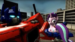 Size: 1677x935 | Tagged: safe, starlight glimmer, pony, unicorn, g4, 3d, female, gmod, optimus prime, smiling, transformers, video at source
