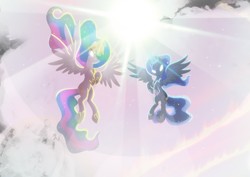 Size: 2246x1589 | Tagged: safe, artist:light262, artist:lummh, edit, princess celestia, princess luna, alicorn, pony, comic:timey wimey, g4, blast, cropped, duo, ethereal mane, female, flying, glowing eyes, glowing horn, hoof shoes, horn, light, magic, mare, royal sisters, sisters, spread wings, starry mane, wings