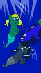 Size: 720x1280 | Tagged: safe, artist:gamer-shy, oc, oc:sapphire, oc:seawoona, oc:sira, merpony, black coat, black mane, blonde mane, blue coat, blue mane, bubble, green coat, scales, swimming, underwater