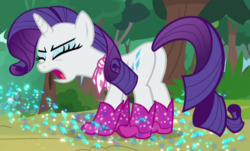 Size: 631x382 | Tagged: safe, screencap, rarity, pony, unicorn, g4, the end in friend, azurantium, boots, butt, cropped, eyes closed, female, glitter boots, mare, neckerchief, open mouth, plot, shoes, solo, sparkles
